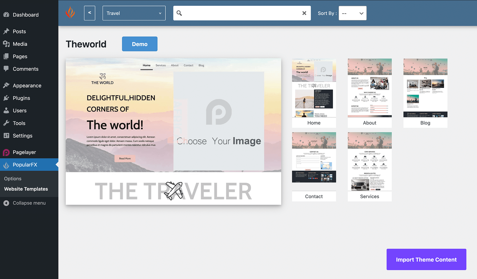 Previewing a travel blog website template.