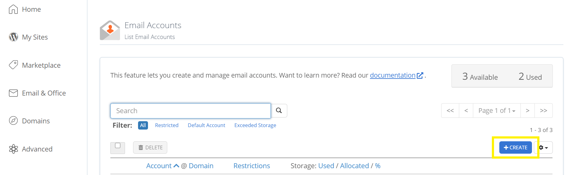 Создание адреса электронной почты в Bluehost.
