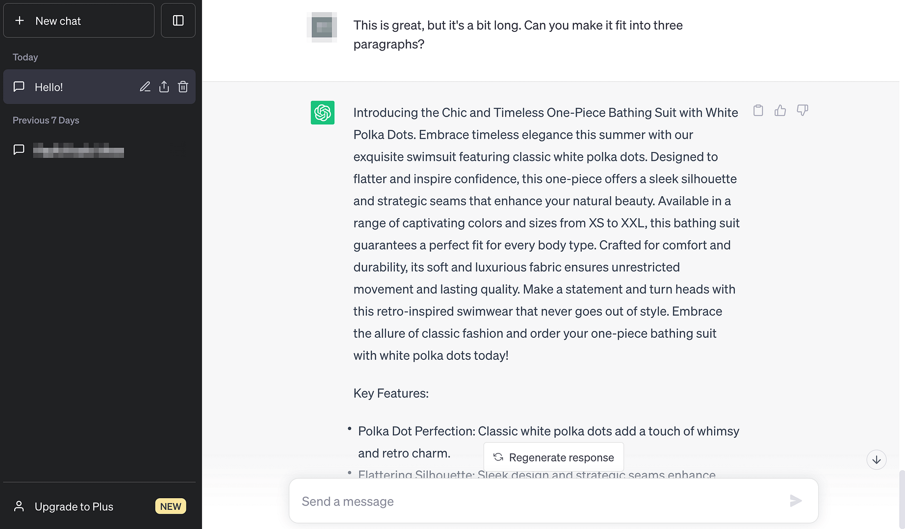 Refining a product description in ChatGPT.