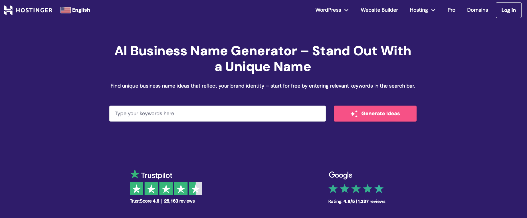 Image of Hostinger AI Business Name Generator Page