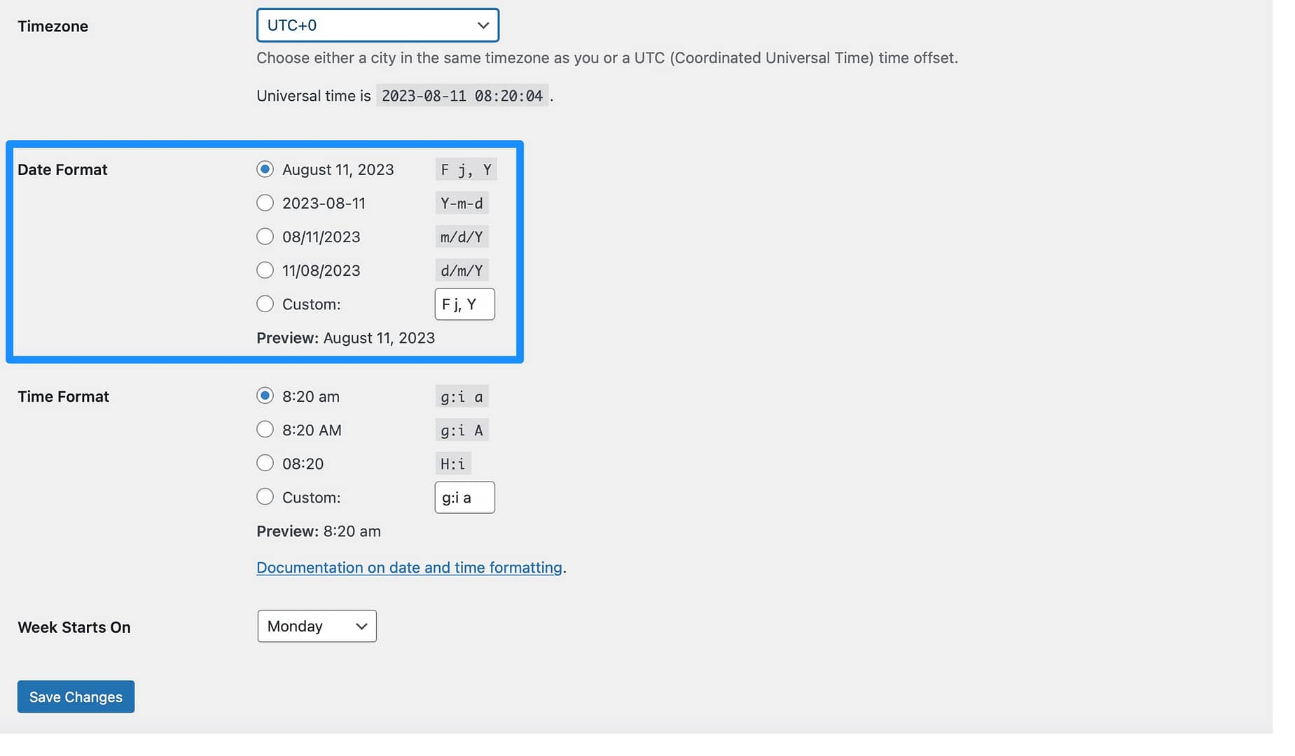 How to change the date format in WordPress.
