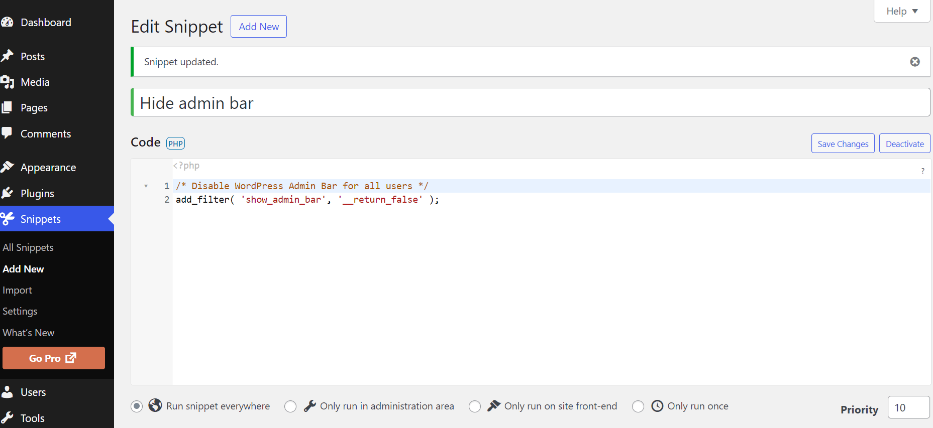 how to hide admin bar for all users - code snippet method