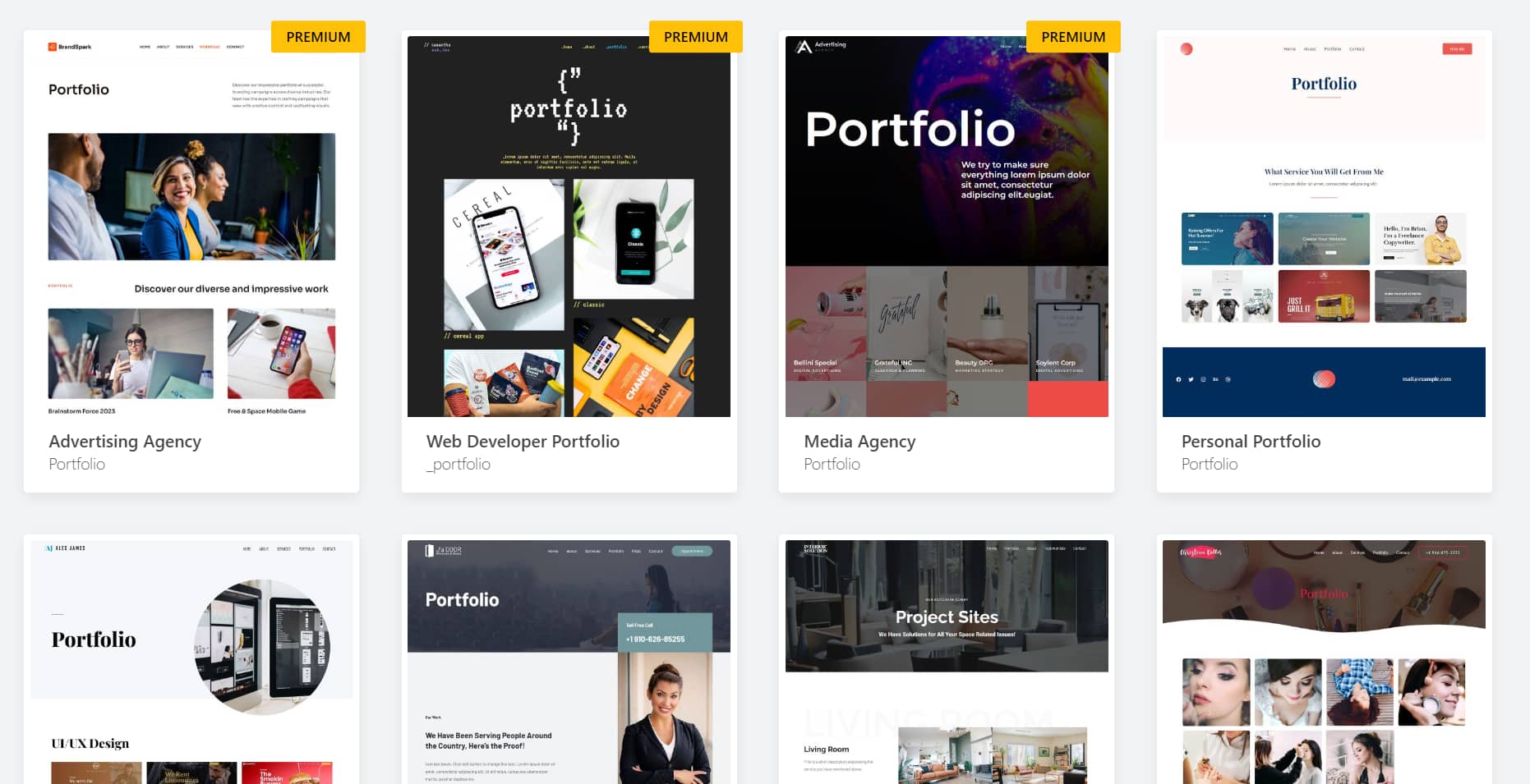 Portfolio template kits in WordPress.