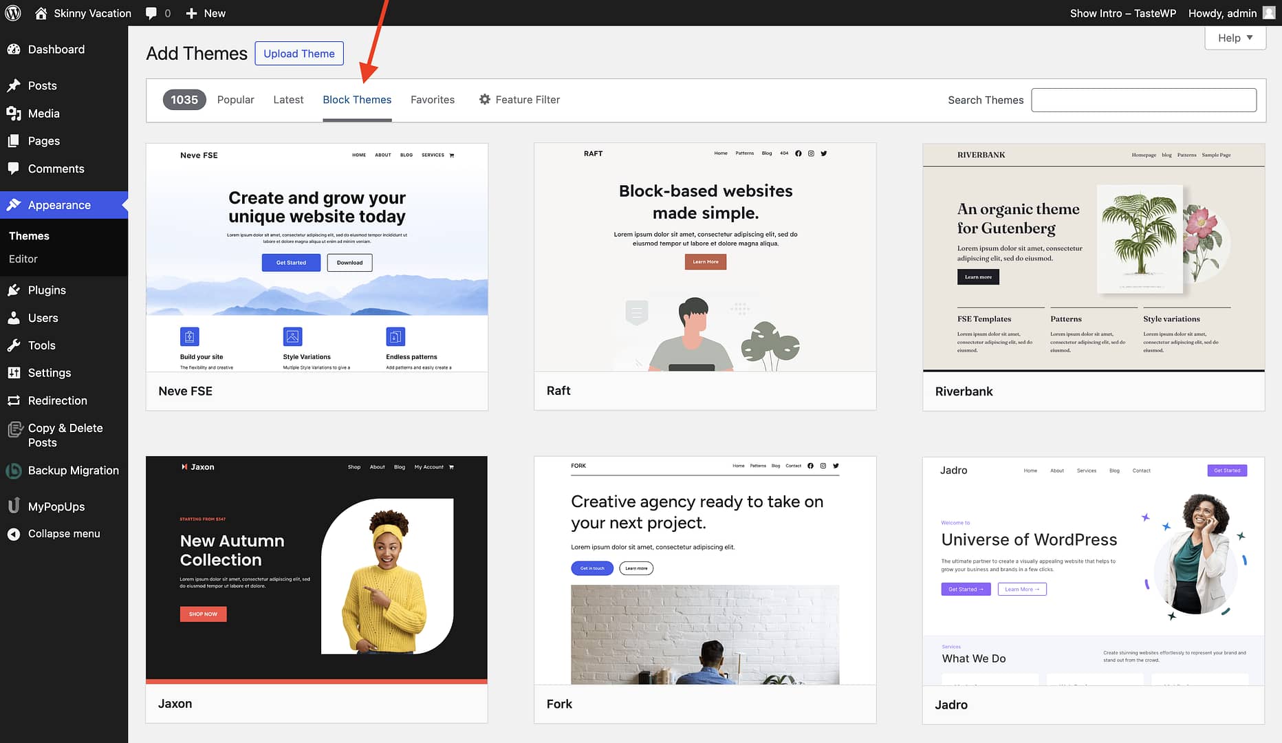 Searching for WordPress themes inside the WordPress dashboard.