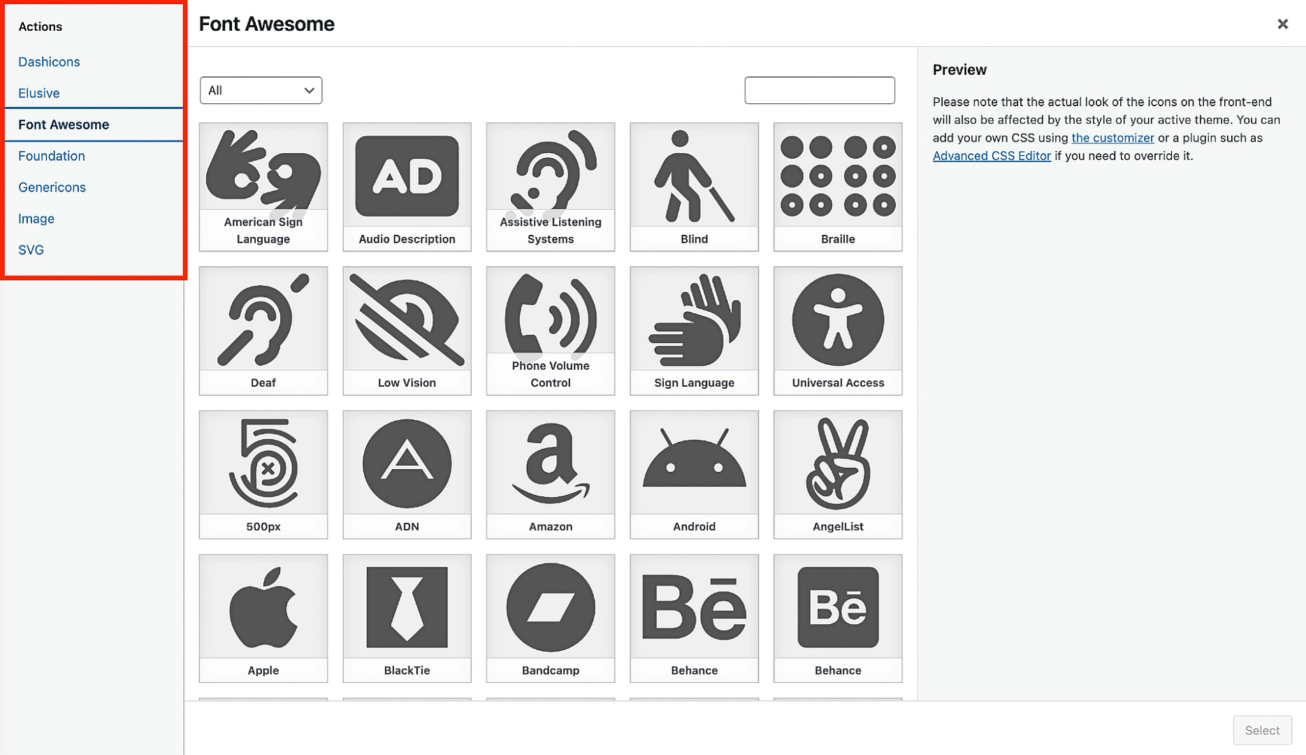 Showing all of the additional icon menu choices.
