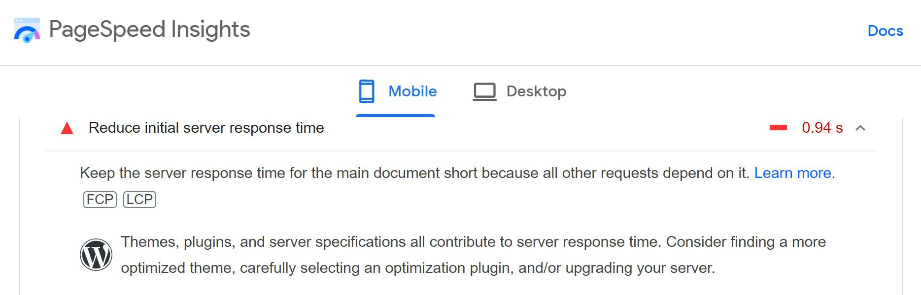 PageSpeed Insights recommendation for reducing initials server response time.