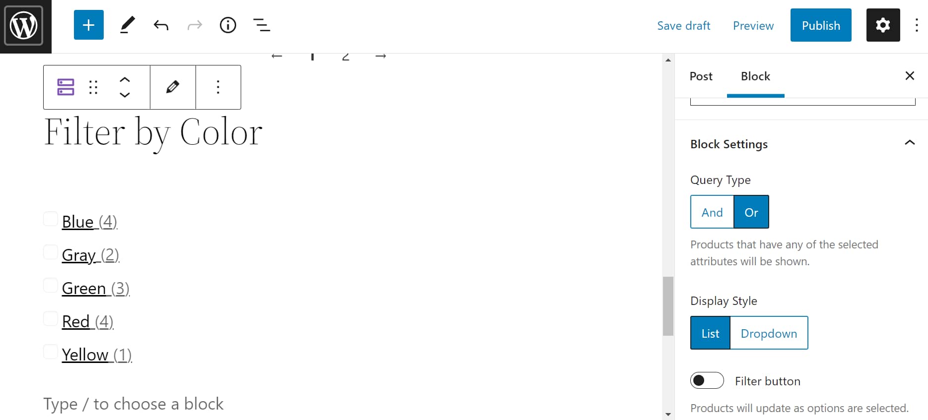 Block settings for a WooCommerce product filter block. 