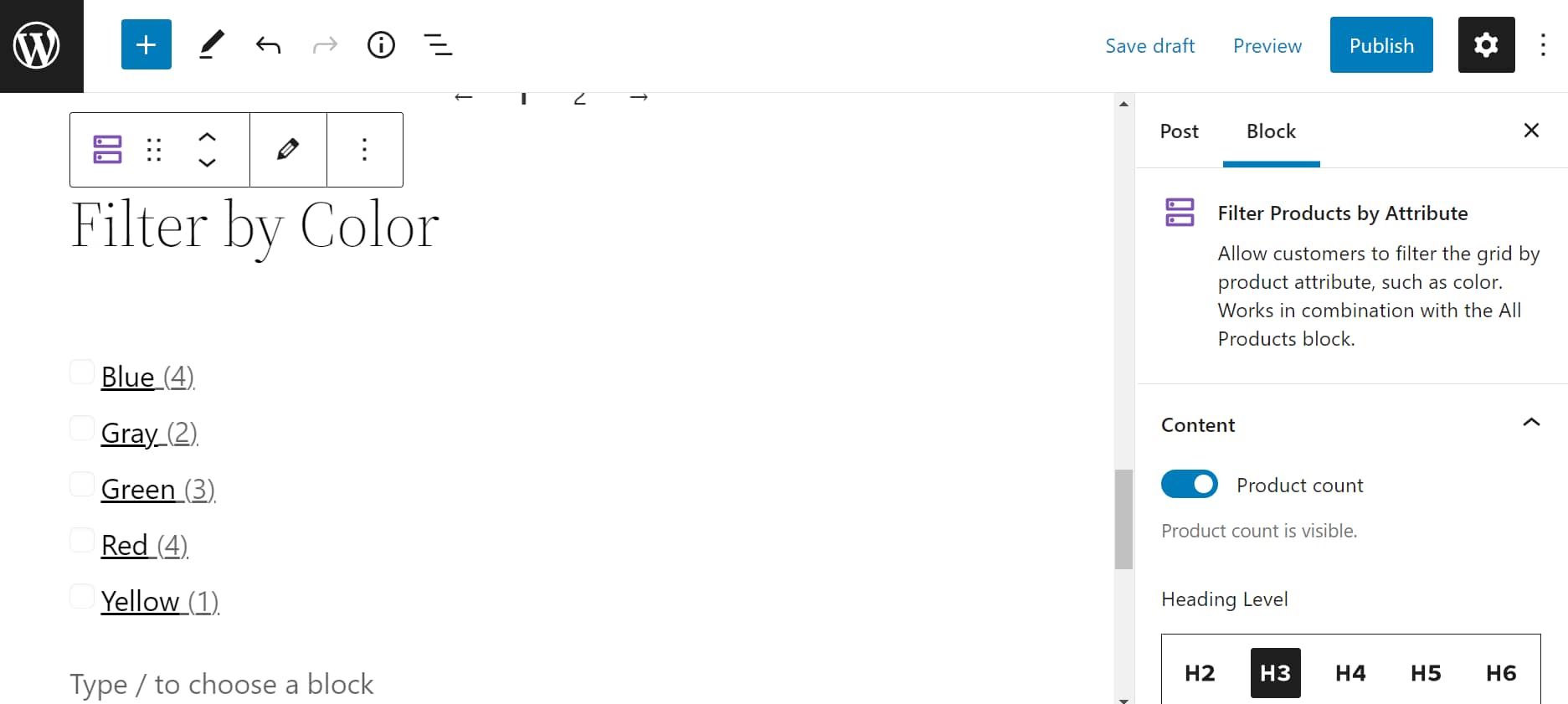 Block settings for the Filter Products by Attribute block. 