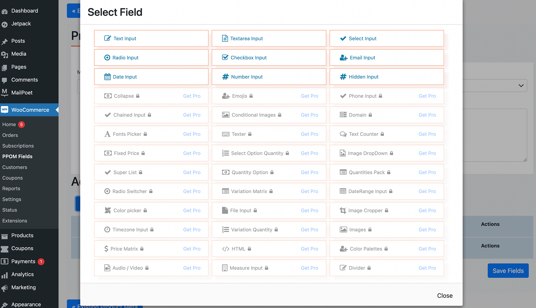 Selecting WooCommerce product options field in PPOM settings.