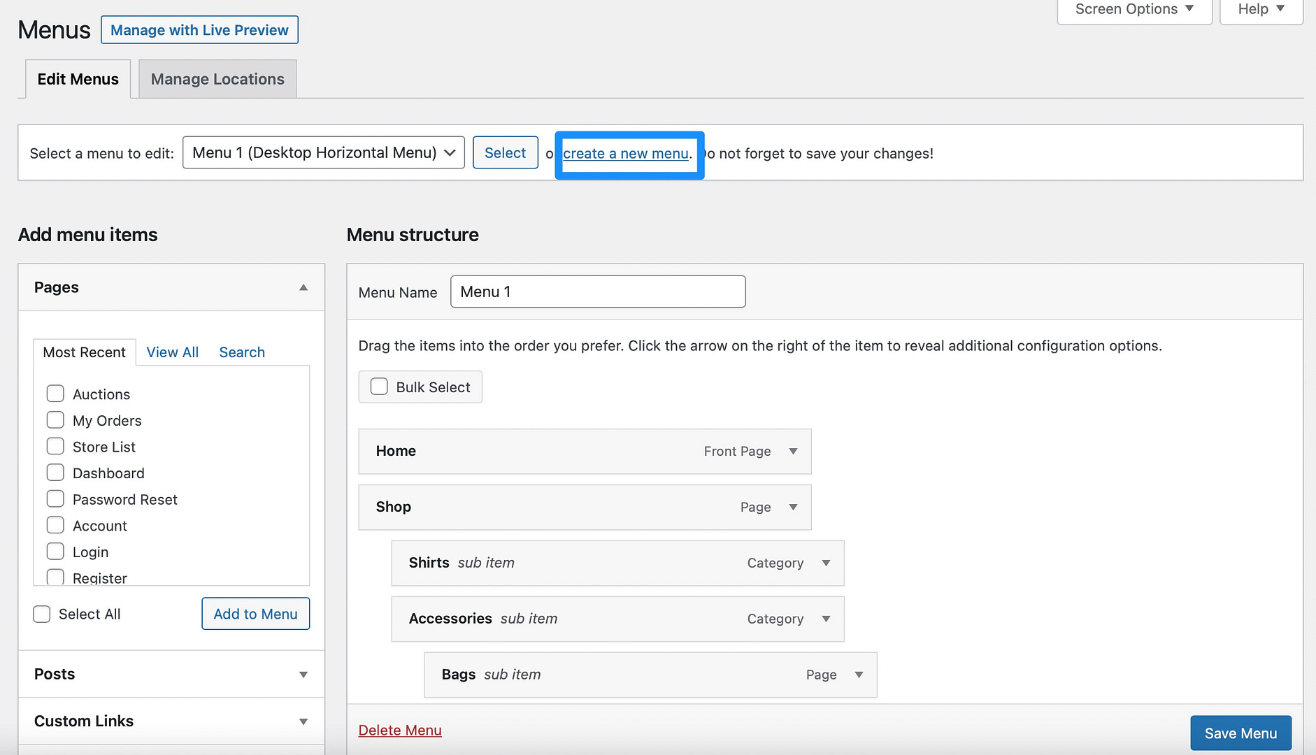 How to create a WordPress menu.
