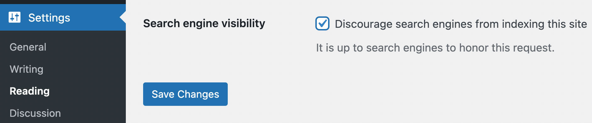 Enabling the no index setting in WordPress.