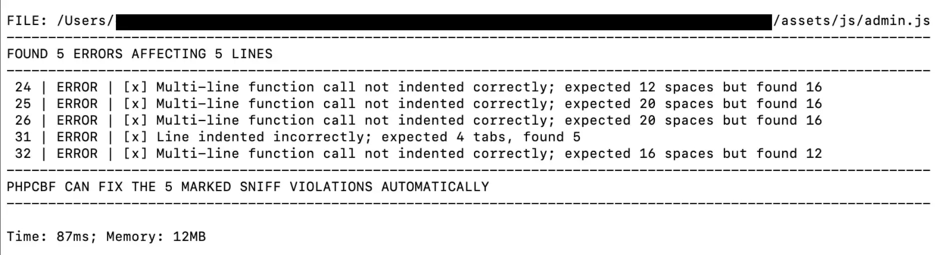 An example of me linting one of my JavaScript files.