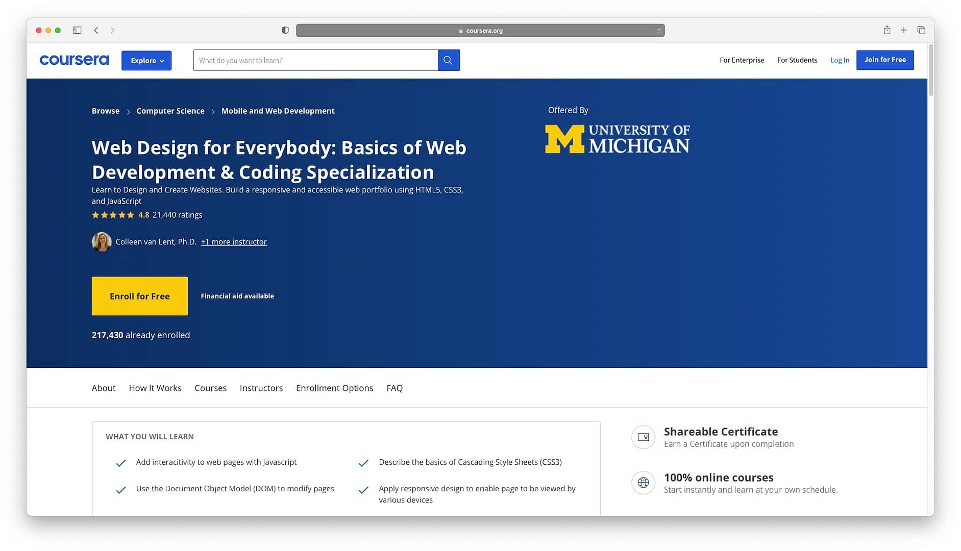 Web design courses online don't come cheaper than Coursera's free offer from University of Michigan