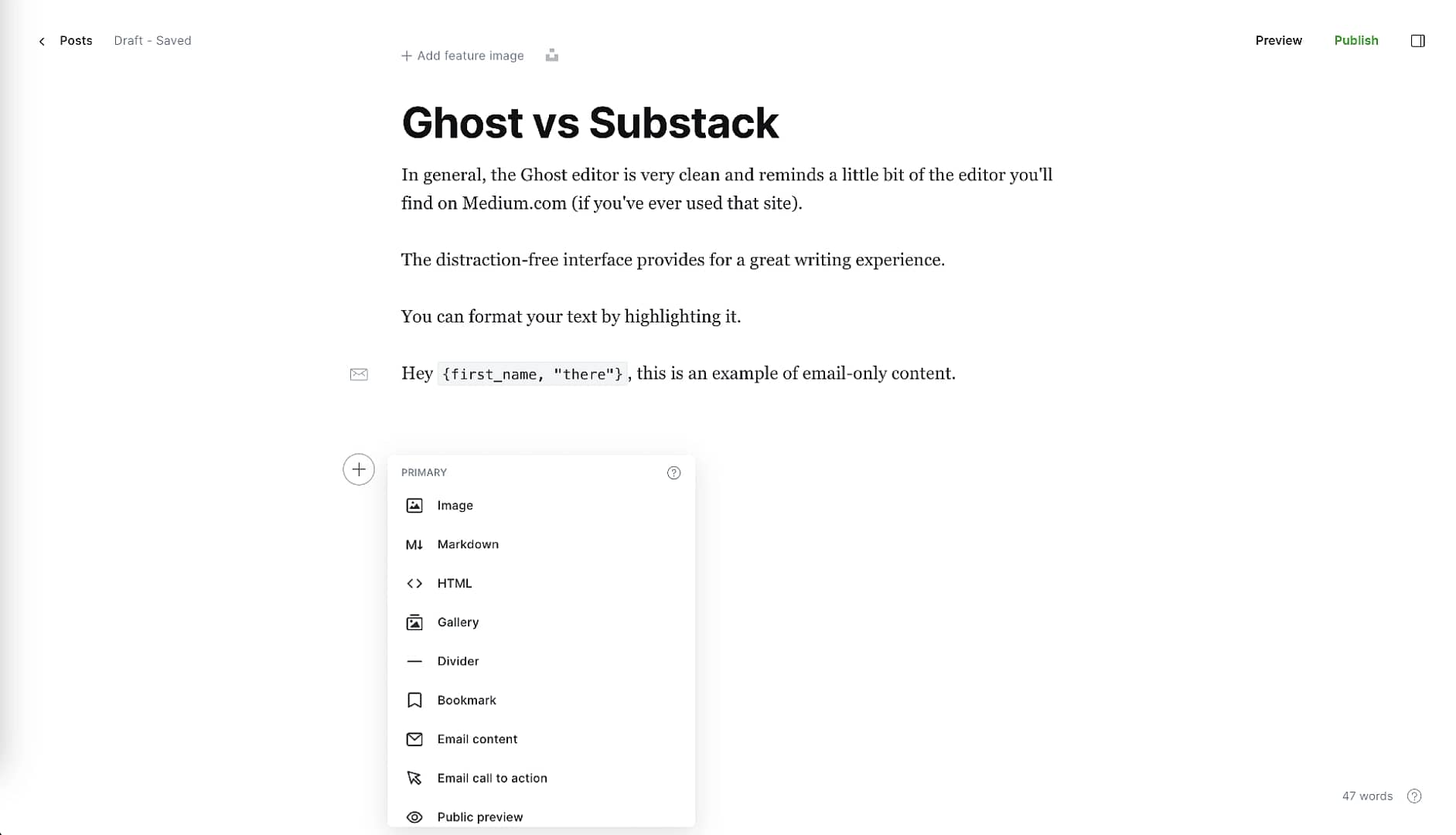 Showing various elements you can insert into a post within the Ghost editor.