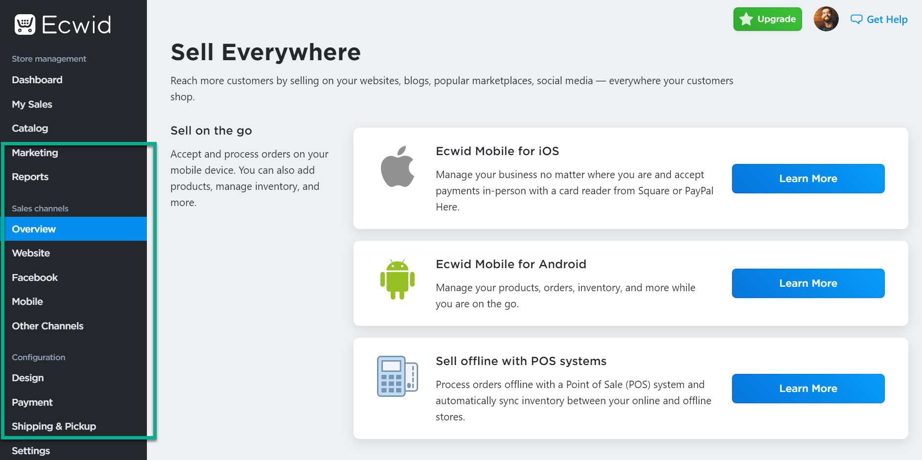 Ecwid vs WooCommerce: The Ecwid feature menu