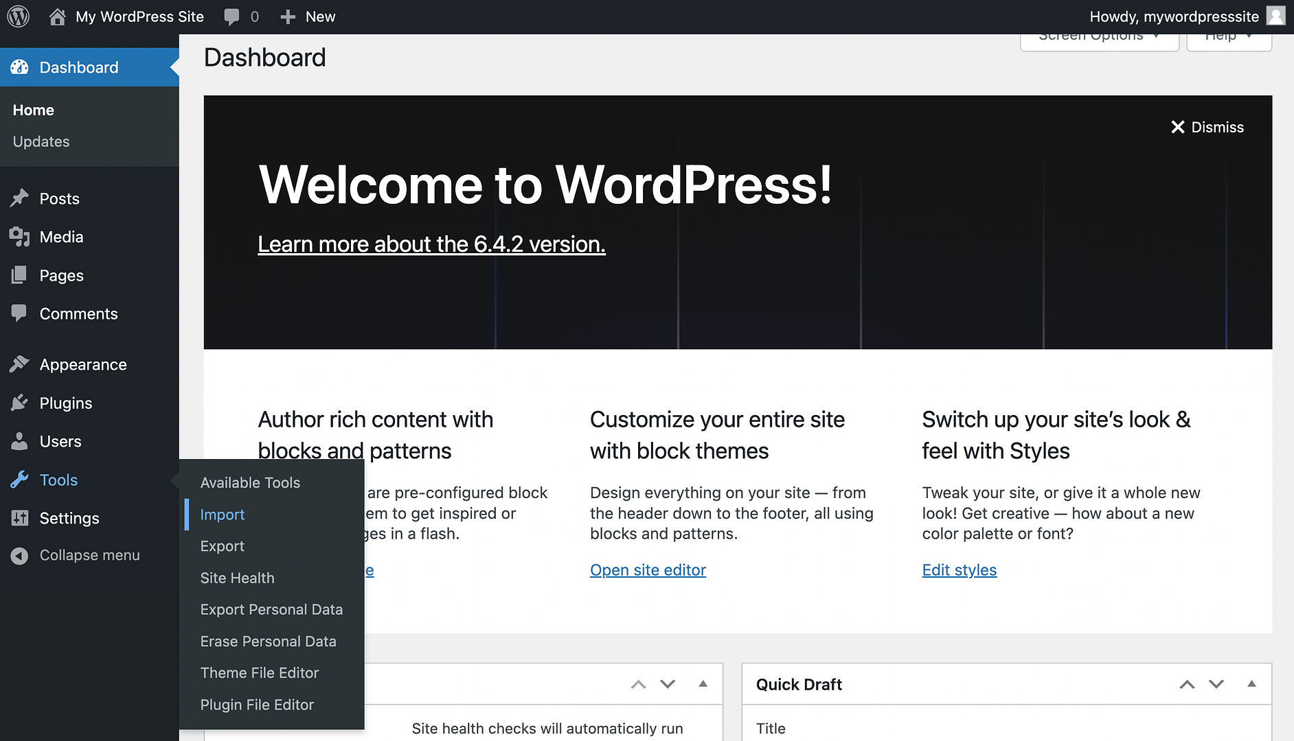 The WordPress Tools menu