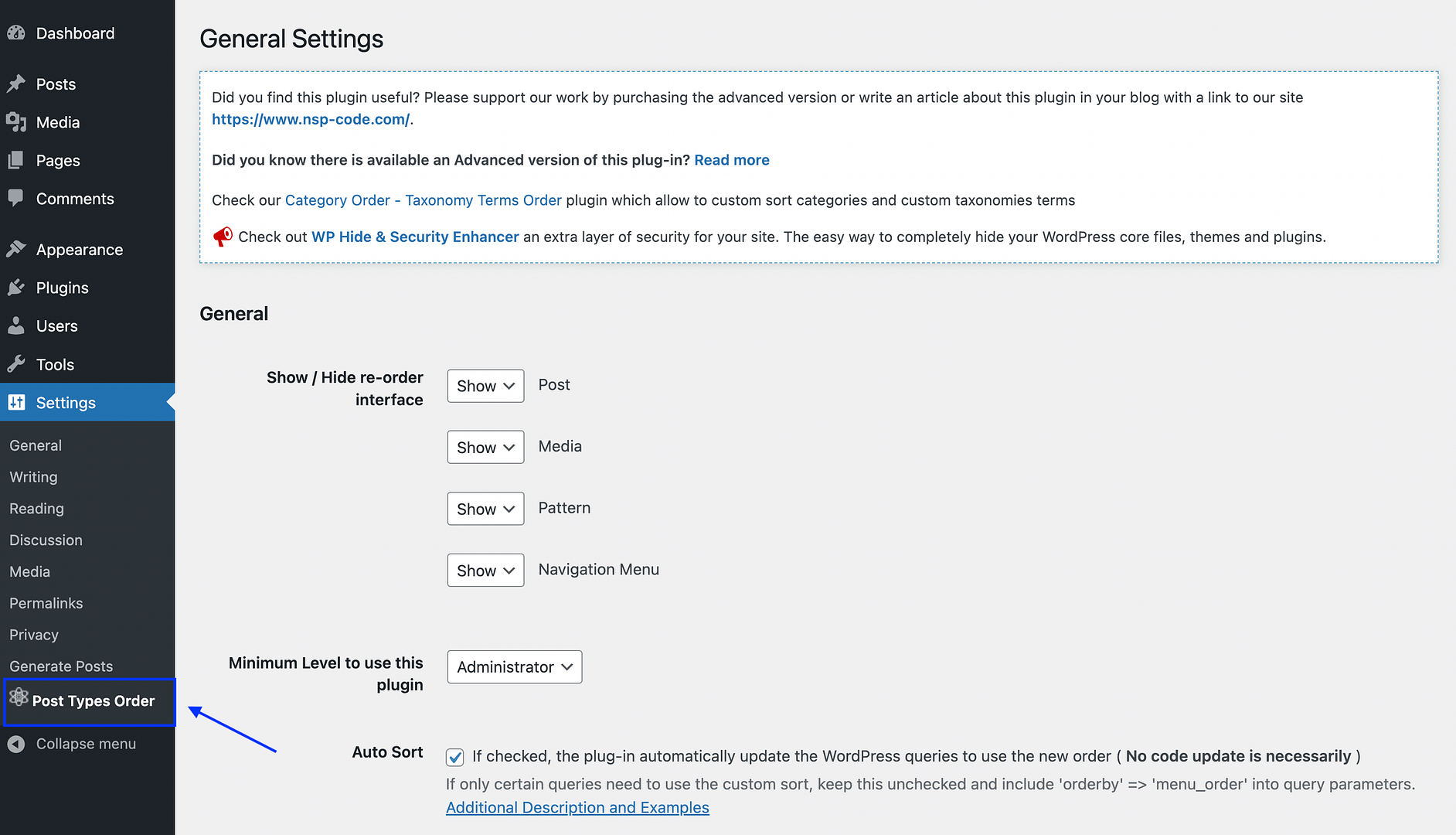 Post Types Order plugin settings