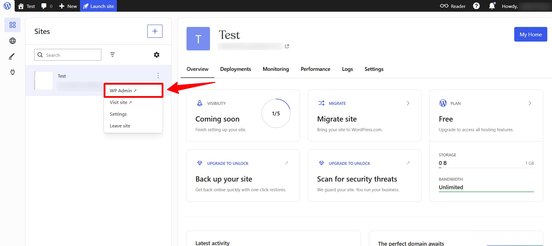 WordPress.com dashboard showing how to open WP Admin