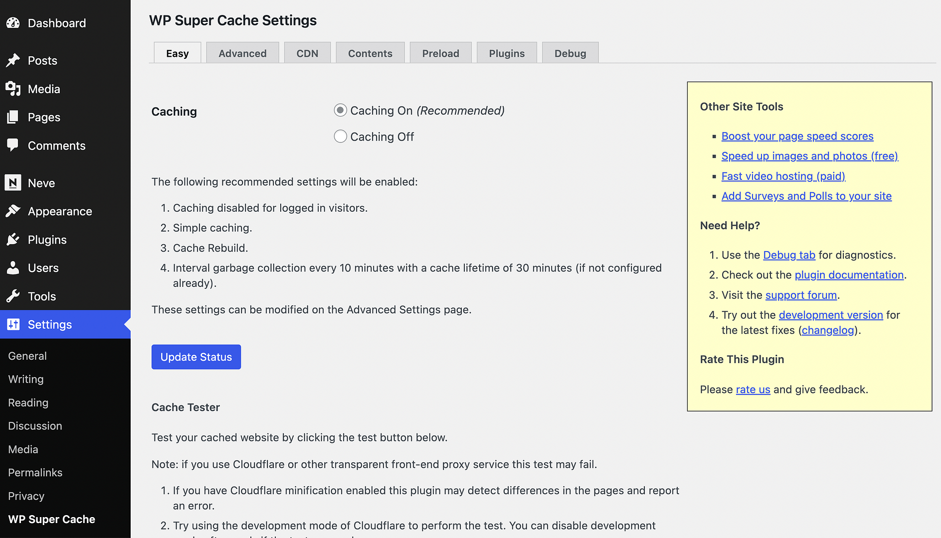 WP Super Cache settings Easy tab.