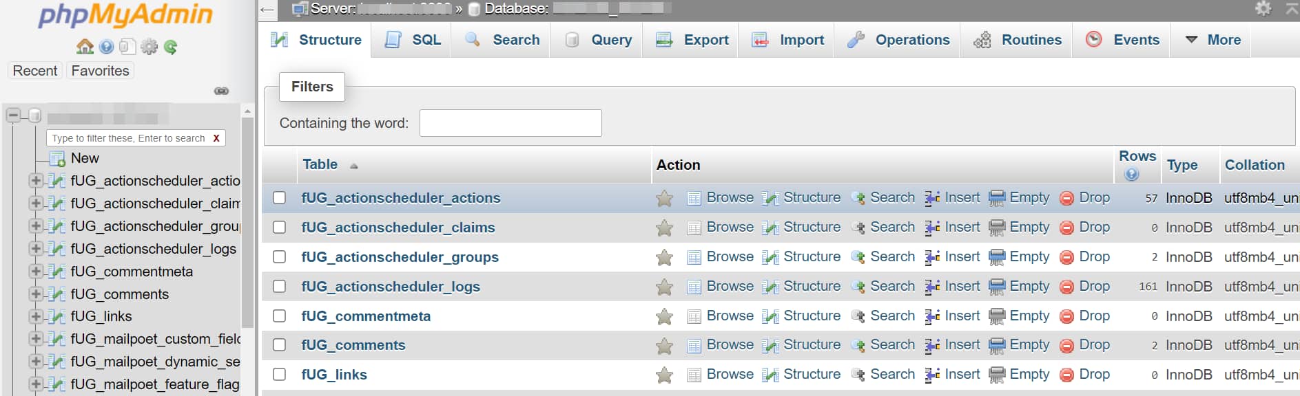Viewing a WordPress database via phpMyAdmin. 