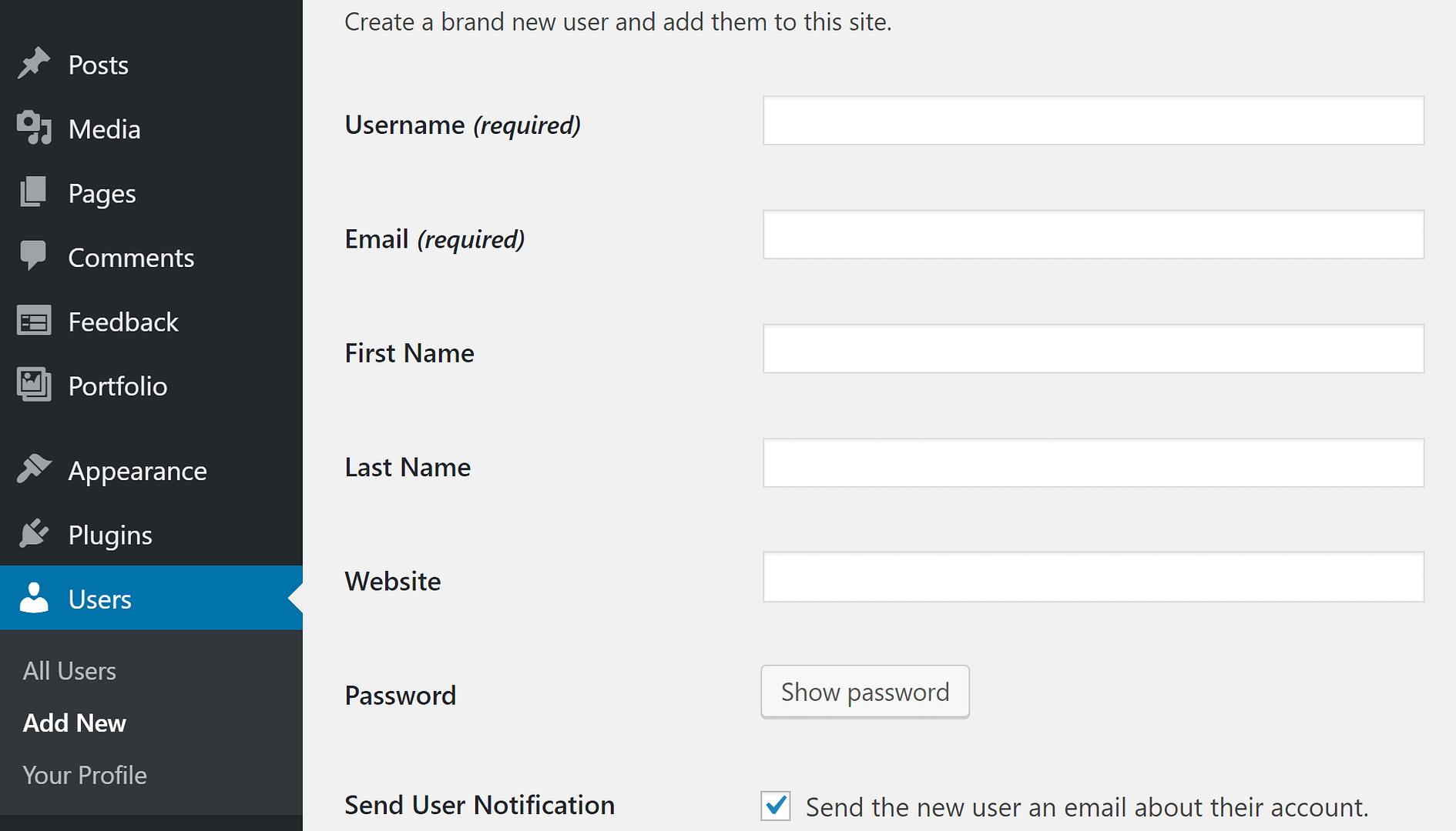 The Add new user screen in the WordPress dashboard, where you can start to set up your multi-author wordPress blog.