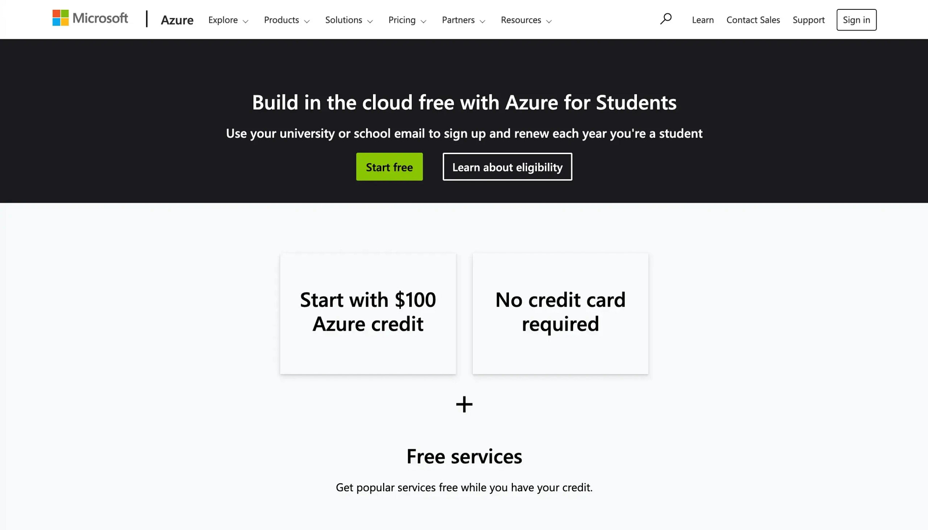 Microsoft Azure for Students landing page.