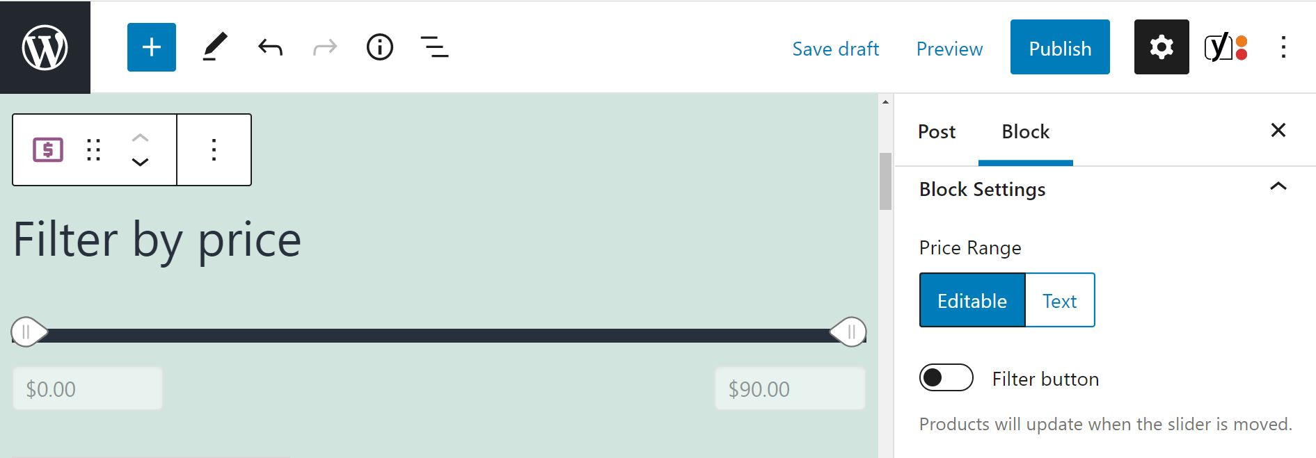The Editable option in the Filter Products by Price block