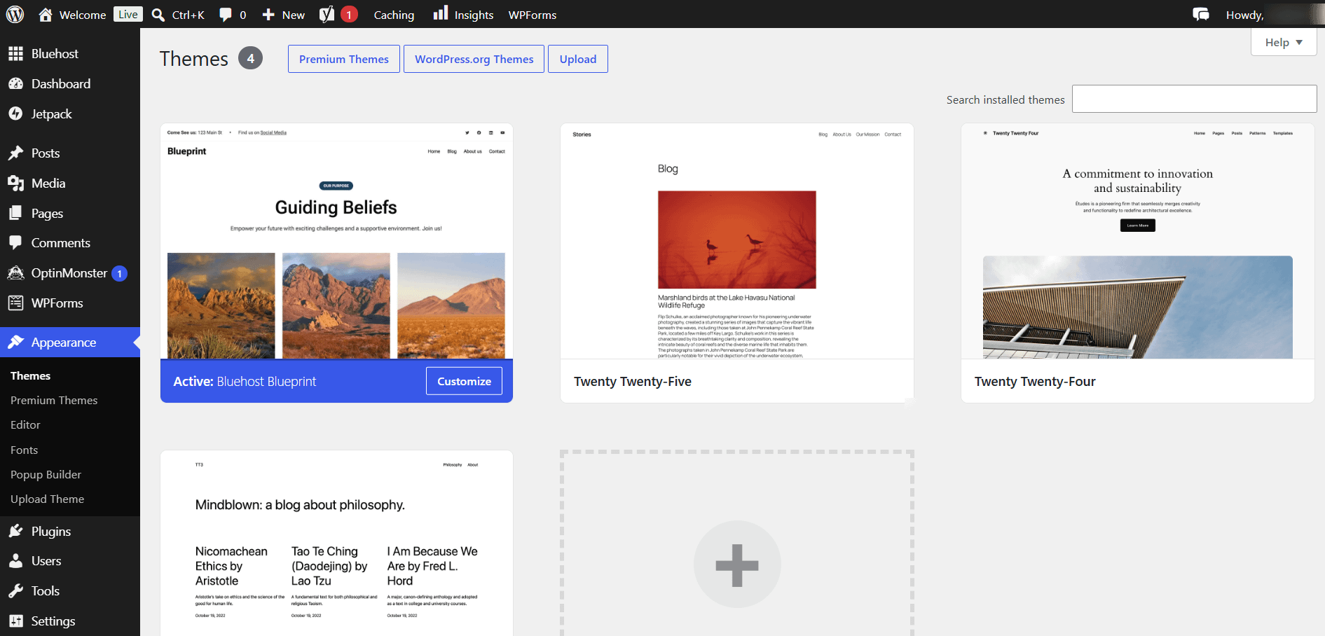 WordPress admin Appearance > Themes screen showing available free themes