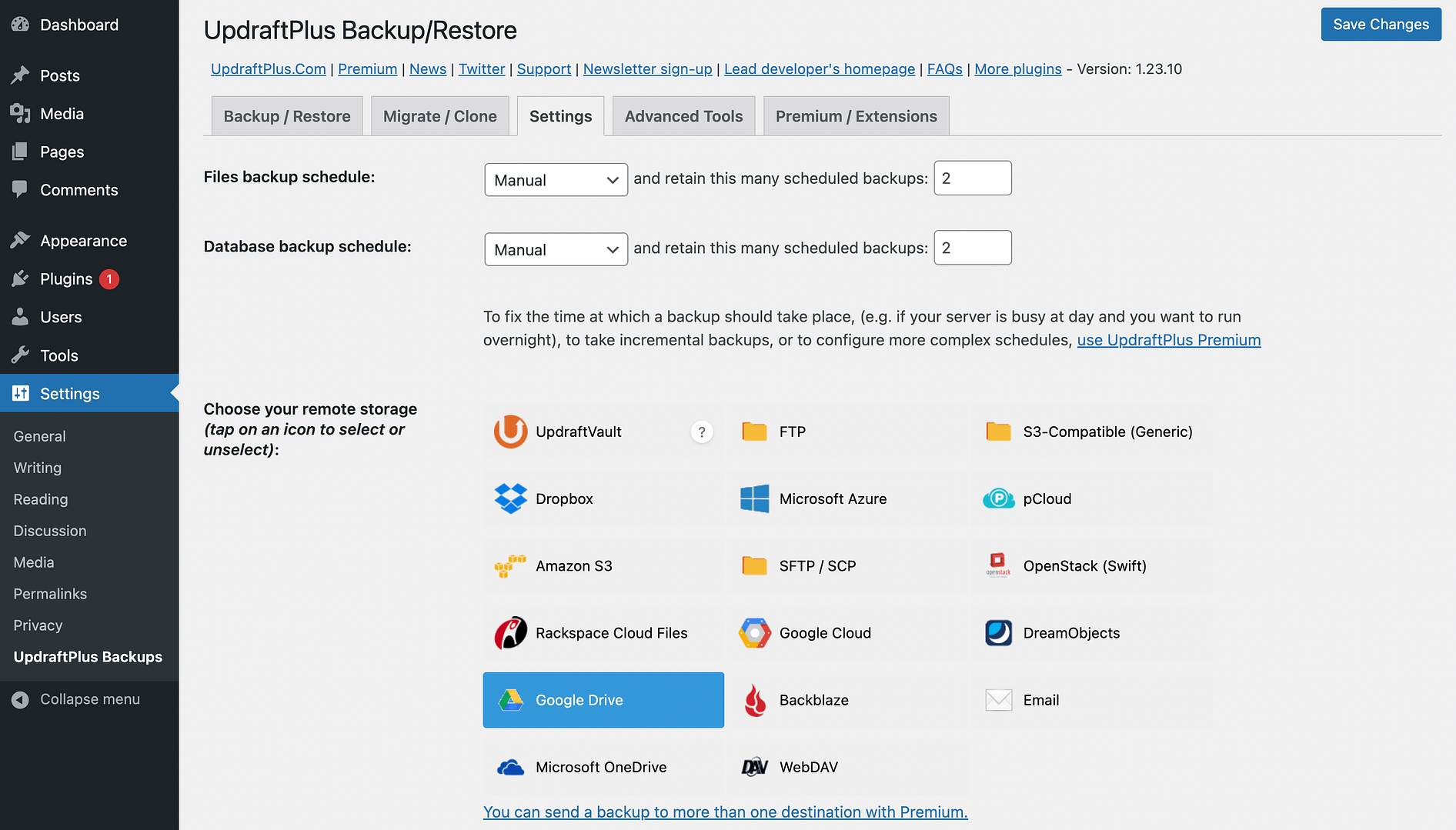 UpdraftPlus remote storage options.