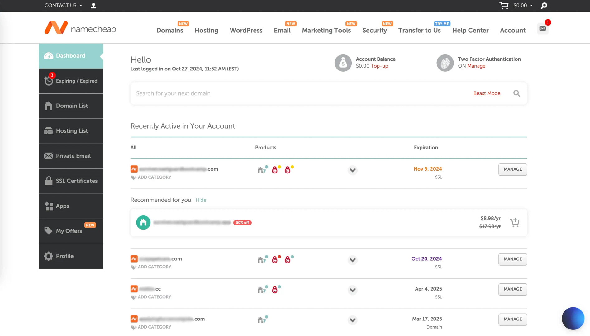 The Namecheap dashboard.