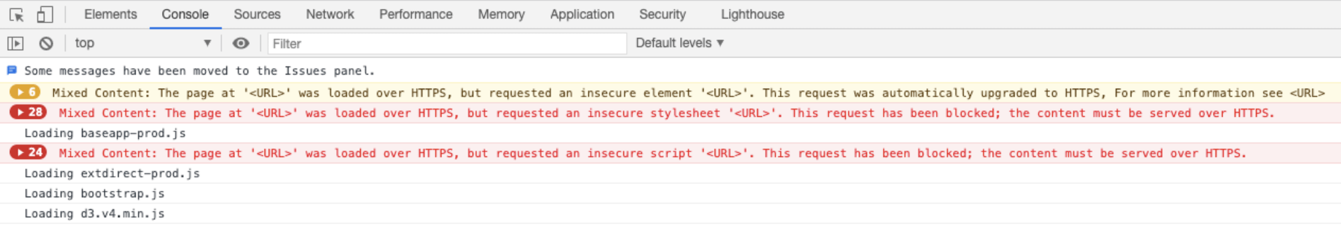 The mixed content error in the Chrome console