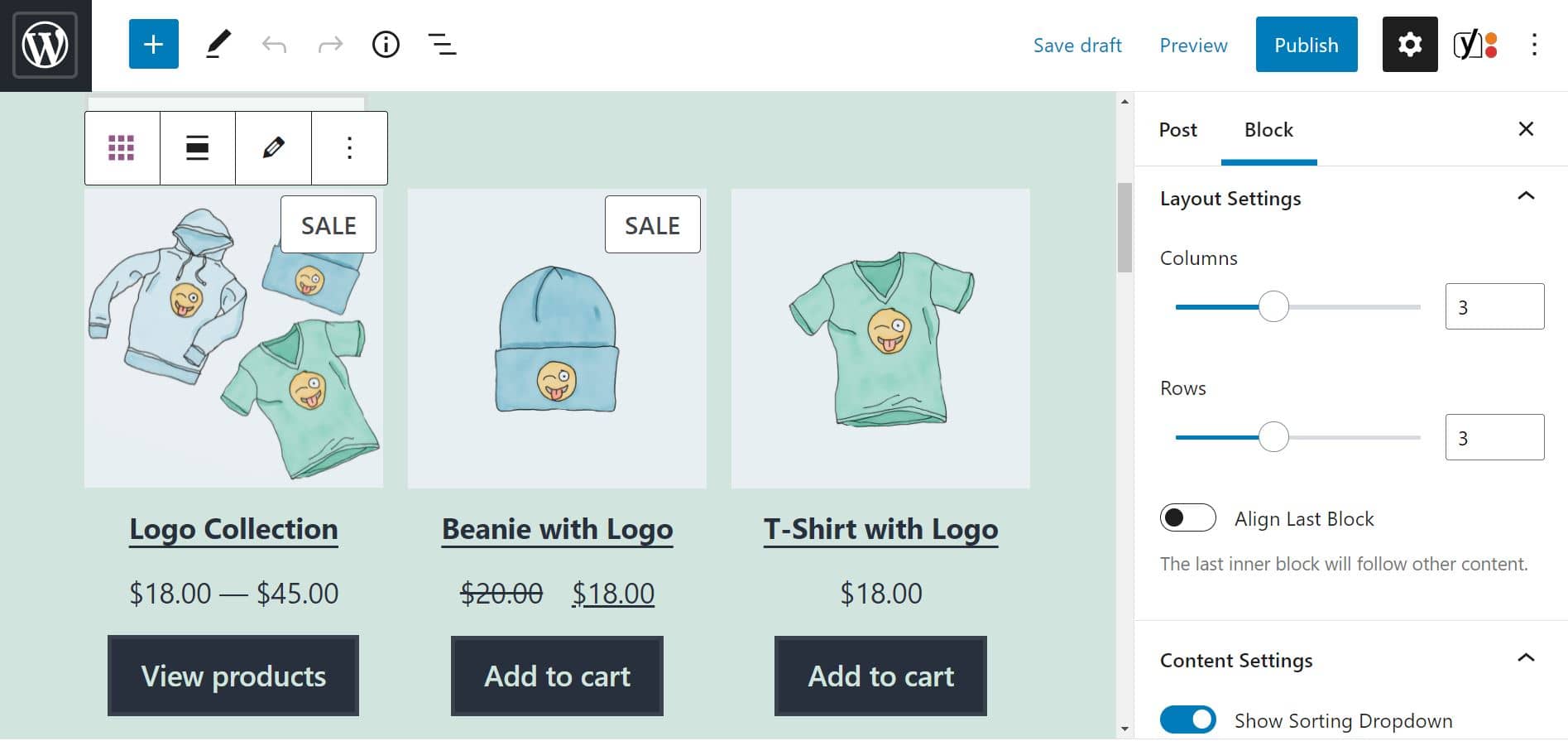The Settings for the All Products Block