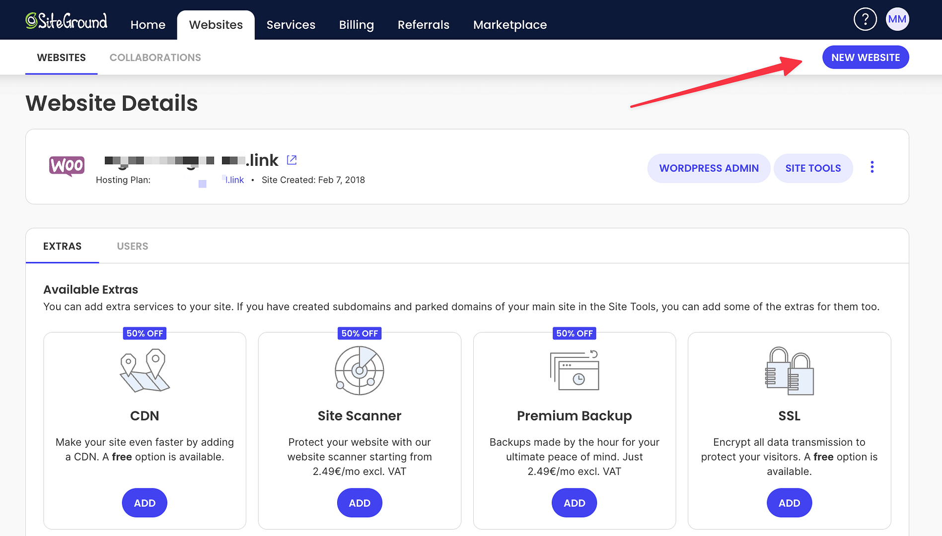 SiteGround add new site