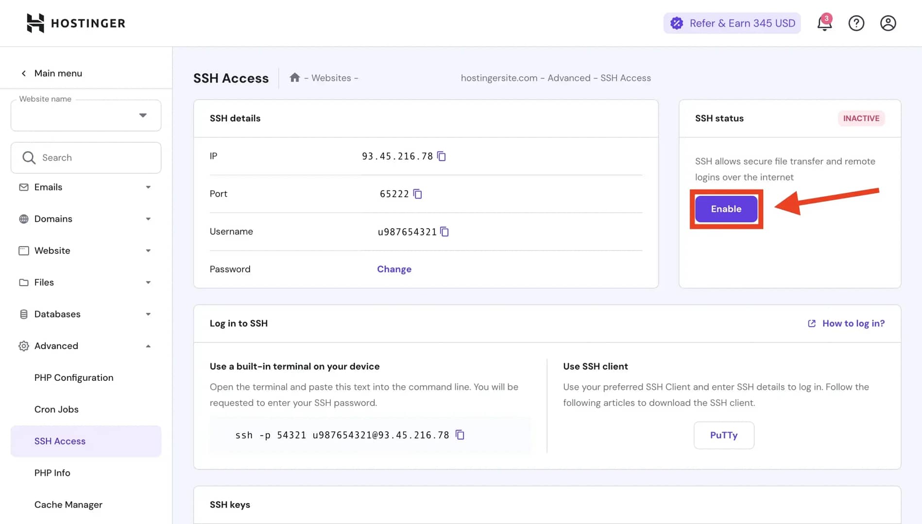Hostinger SSH access using hPanel.