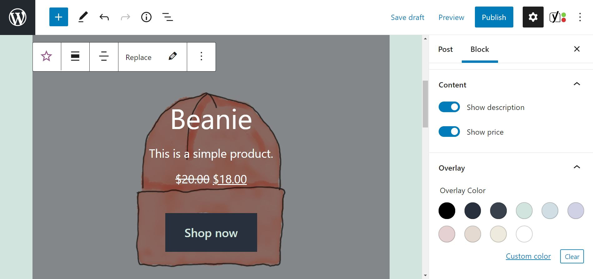 The settings for the Featured Product block