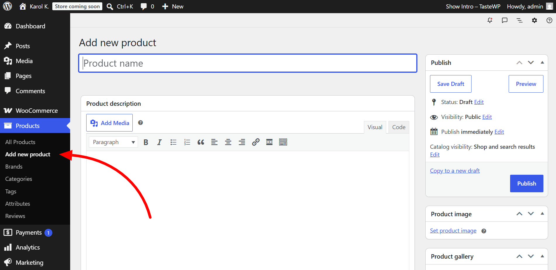 WooCommerce screen for adding a new product
