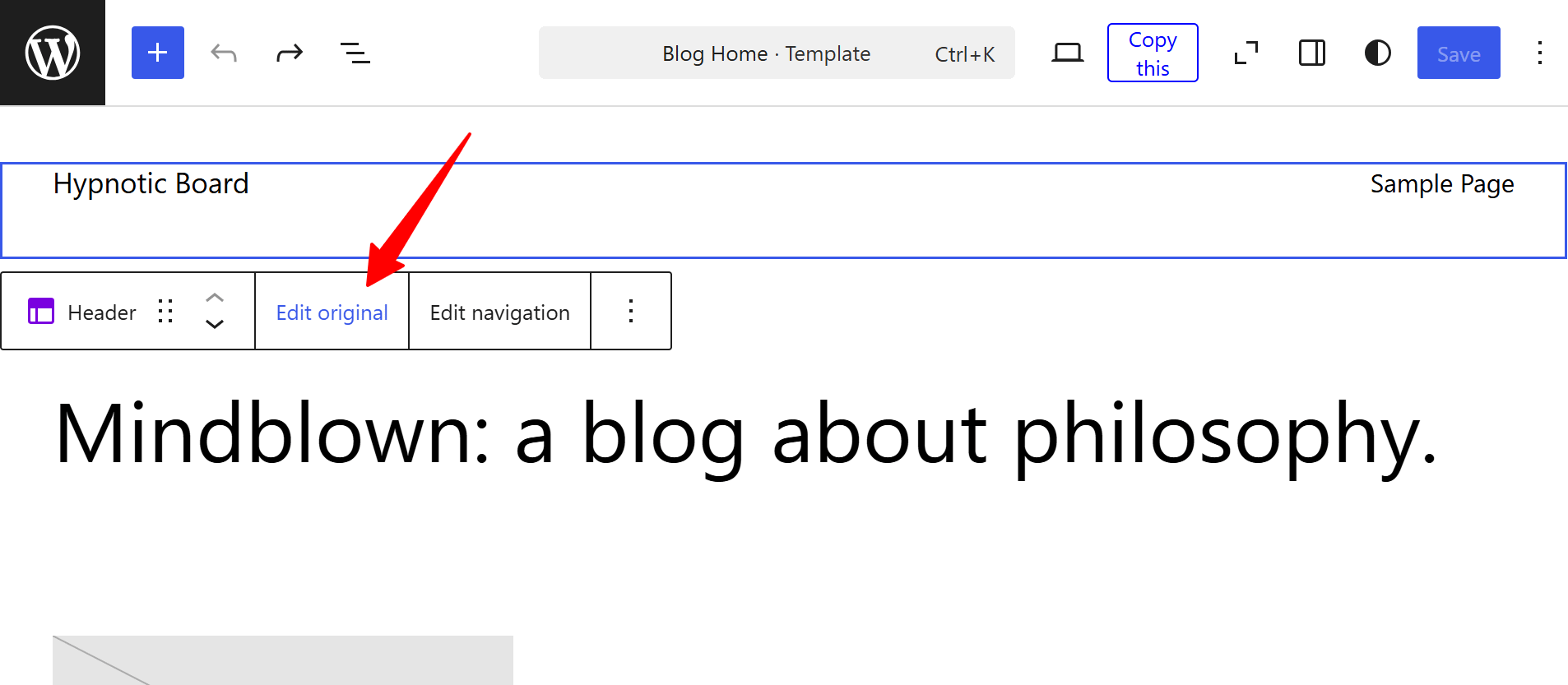 WordPress Site Editor with the header selected for editing