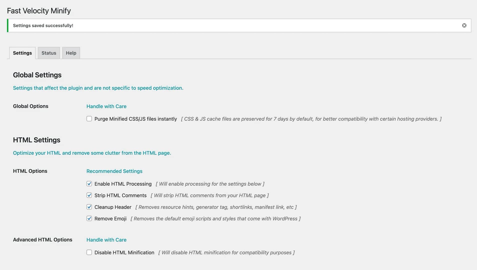 The settings for Fast Velocity Minify inside the WordPress dashboard.