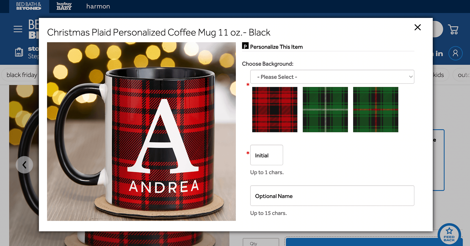 Popup product options for design and custom text fields.