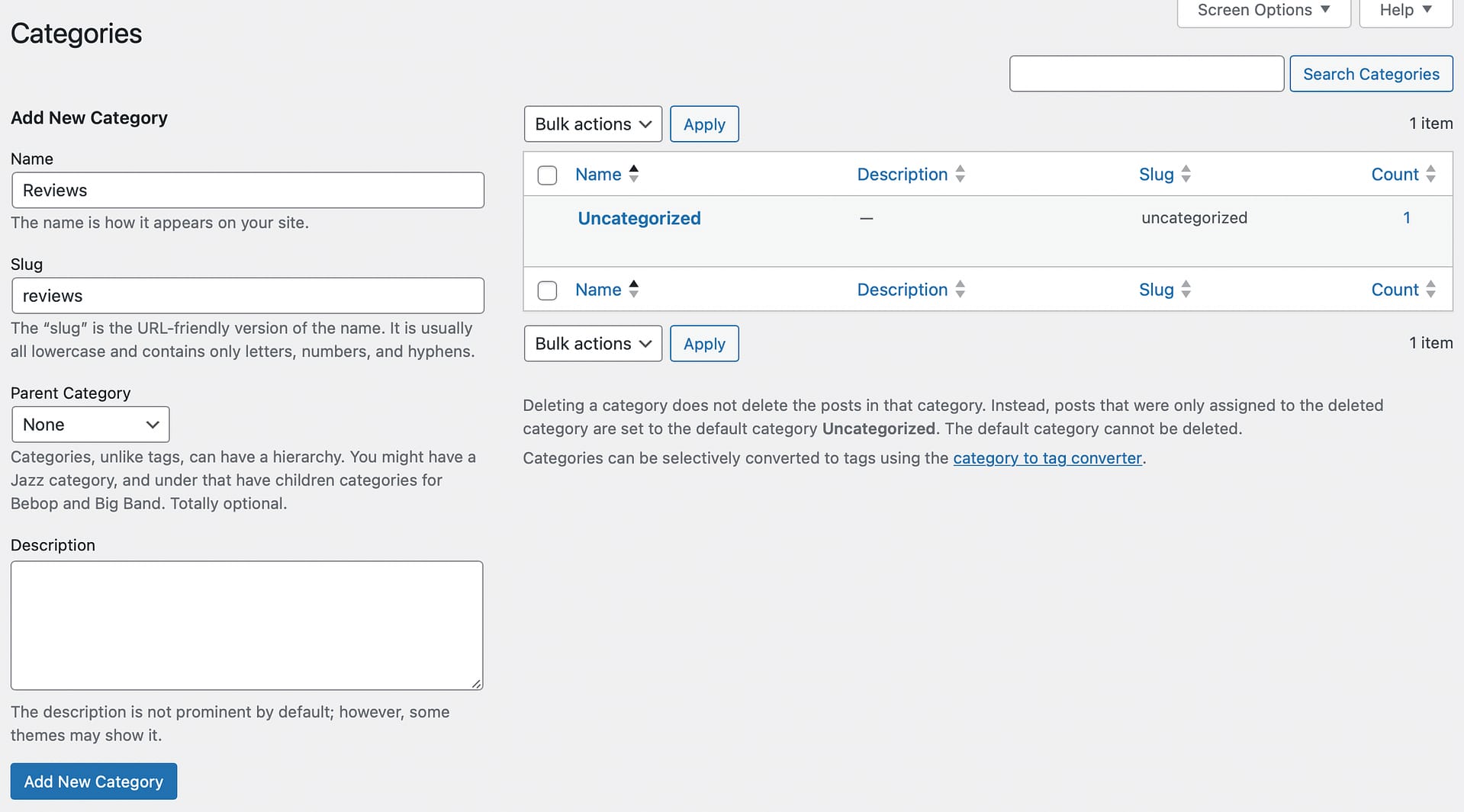 How to add categories in WordPress via the dashboard.