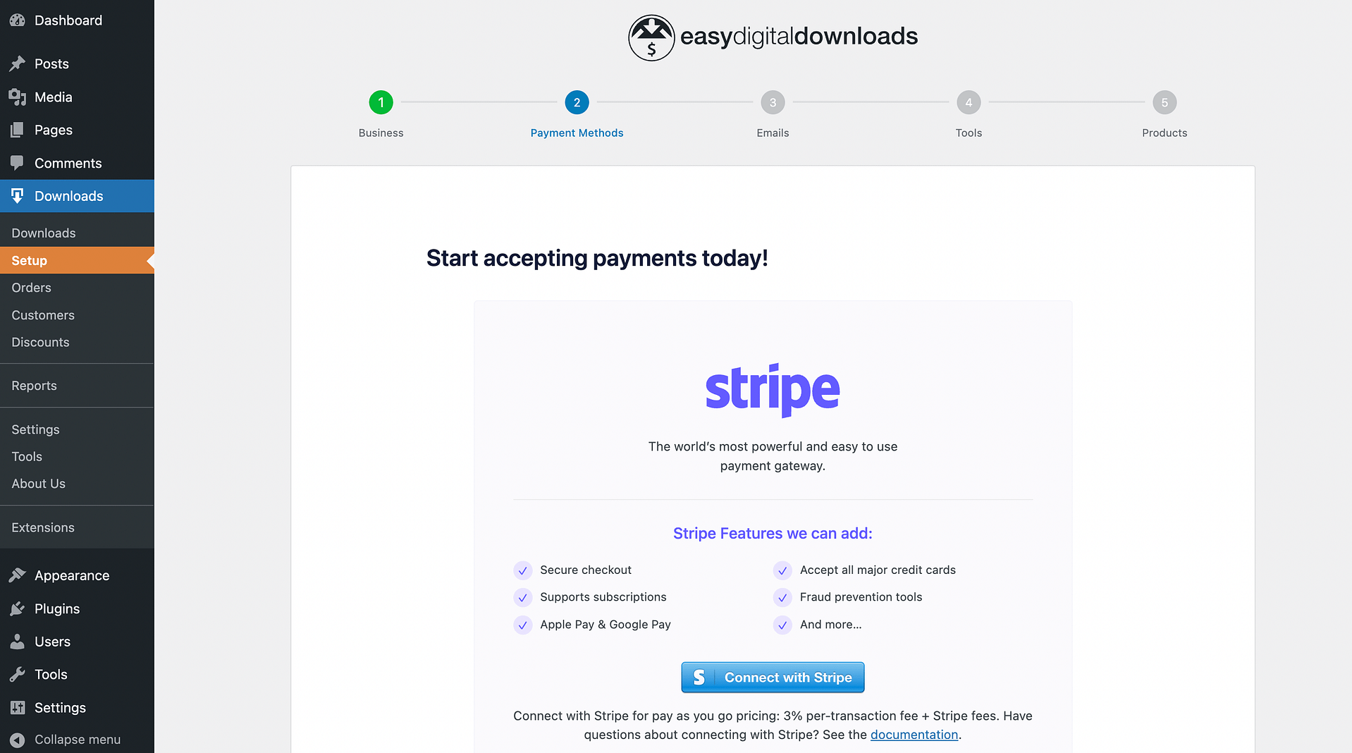 Connecting Stripe and WordPress with Easy Digital Downloads.