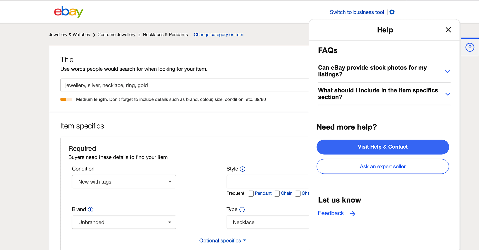 eBay account setup with Help section open.