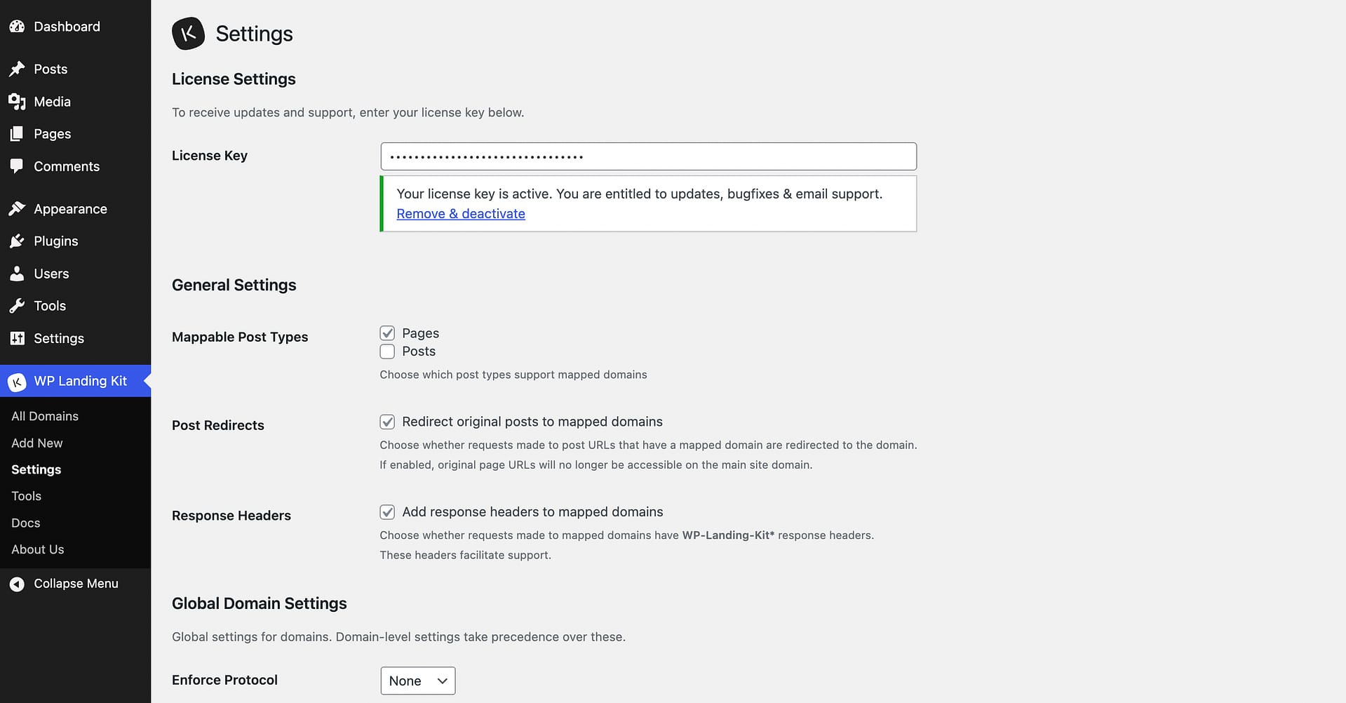 The WP Landing Kit Settings screen.