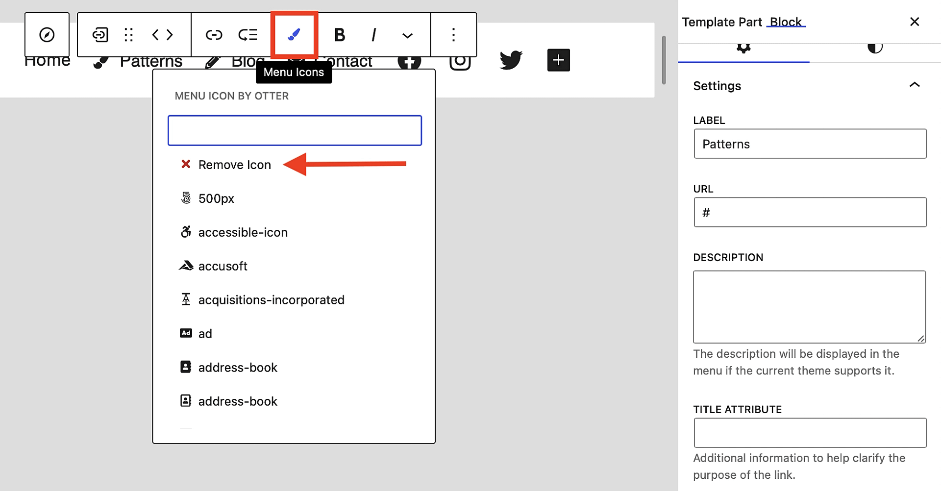 Showing how to remove an icon from a navigation menu link.