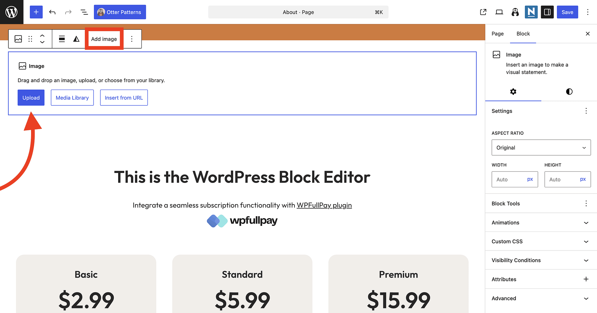 Adding an image inside the WordPress block editor.