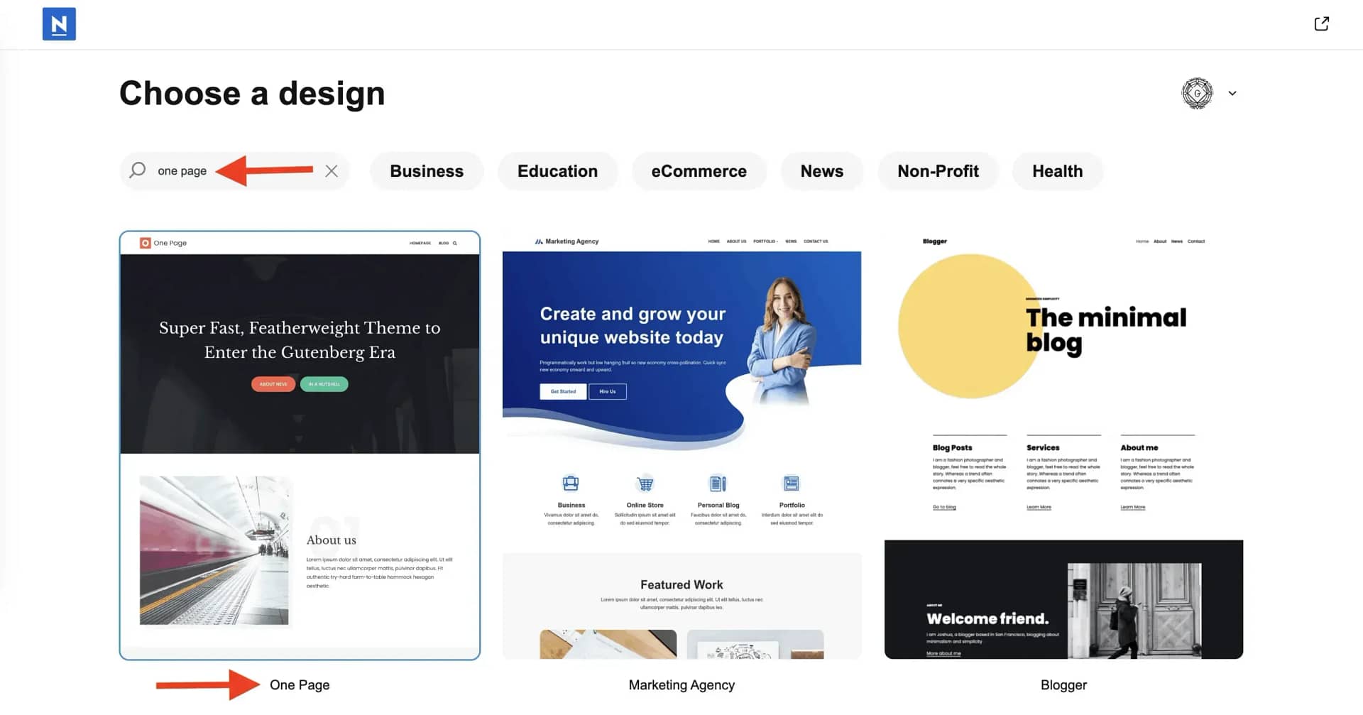 Choosing the One Page starter site template from library.