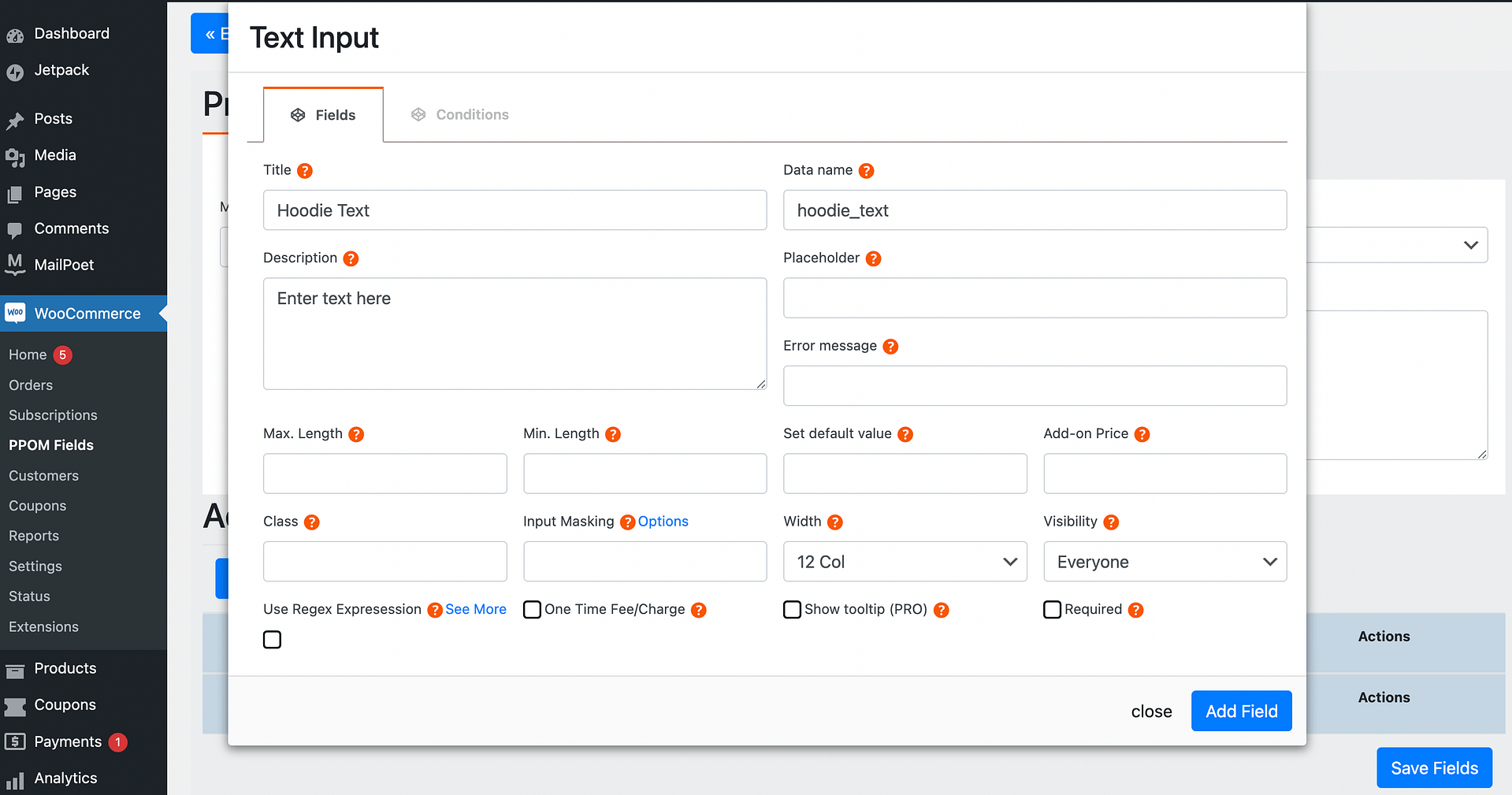 The Text Input field settings in the PPOM plugin.