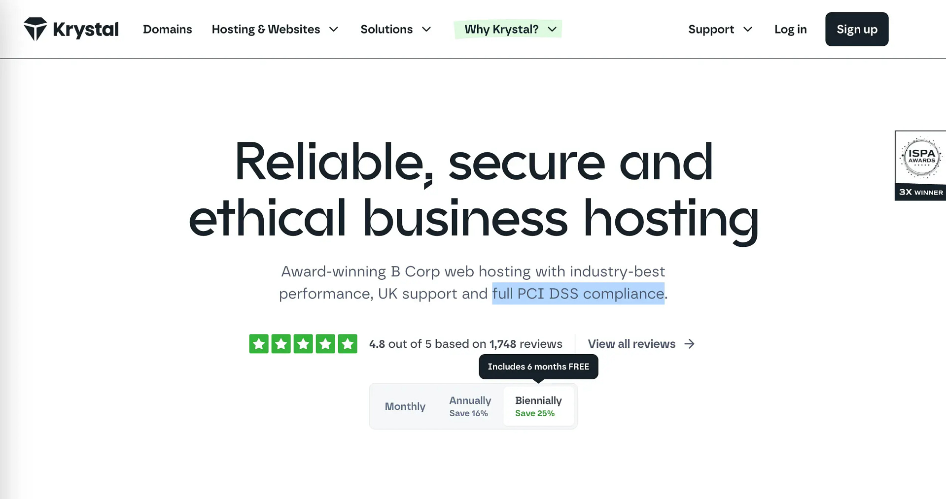 Krystal PCI compliant hosting plans landing page.