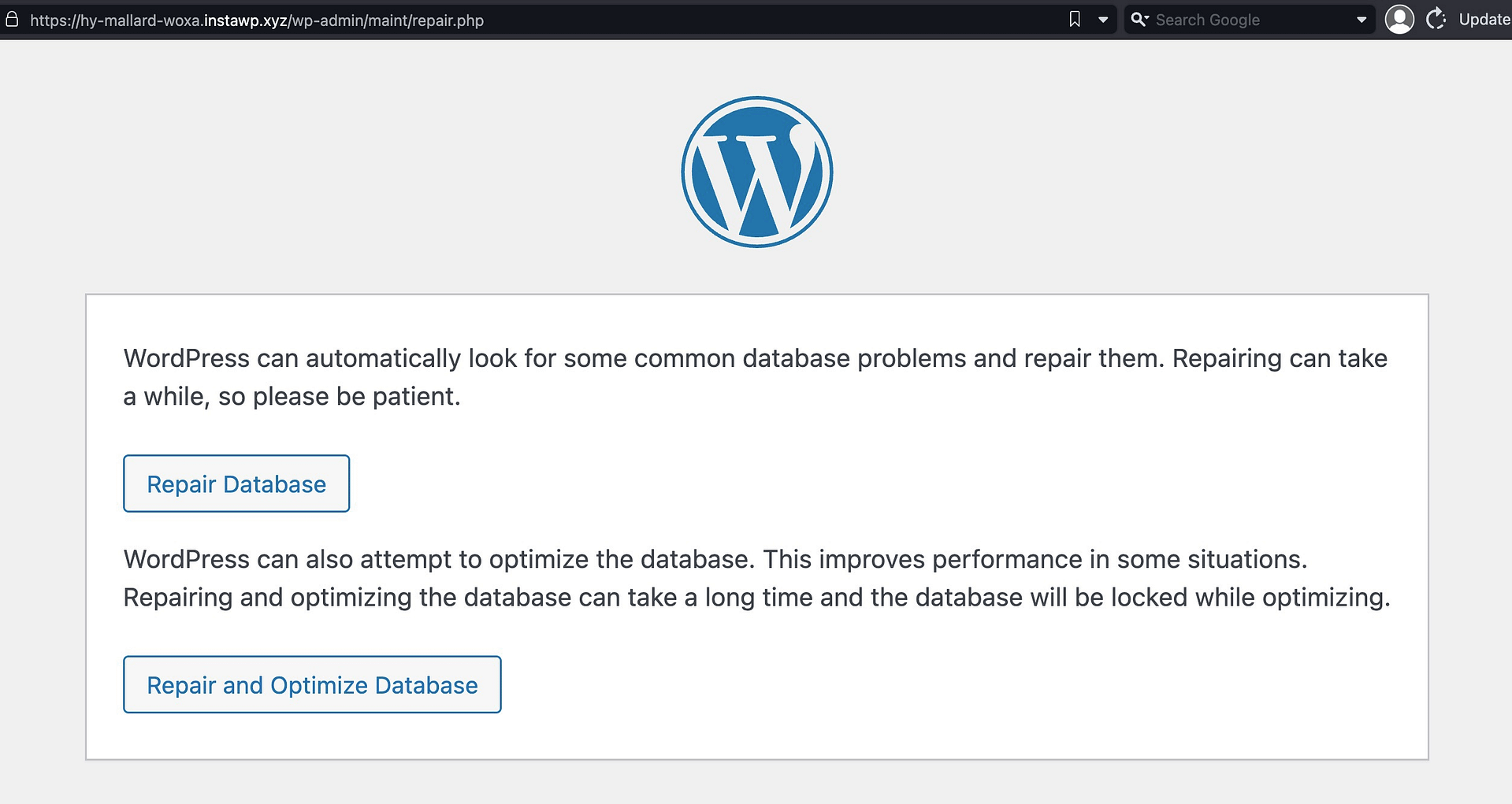How to repair the WordPress database using the built-in tool