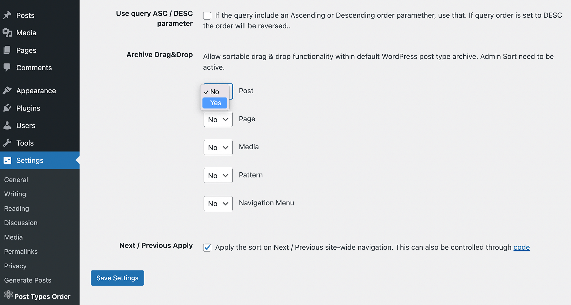 Changing visibility settings for the Post Types Order settings